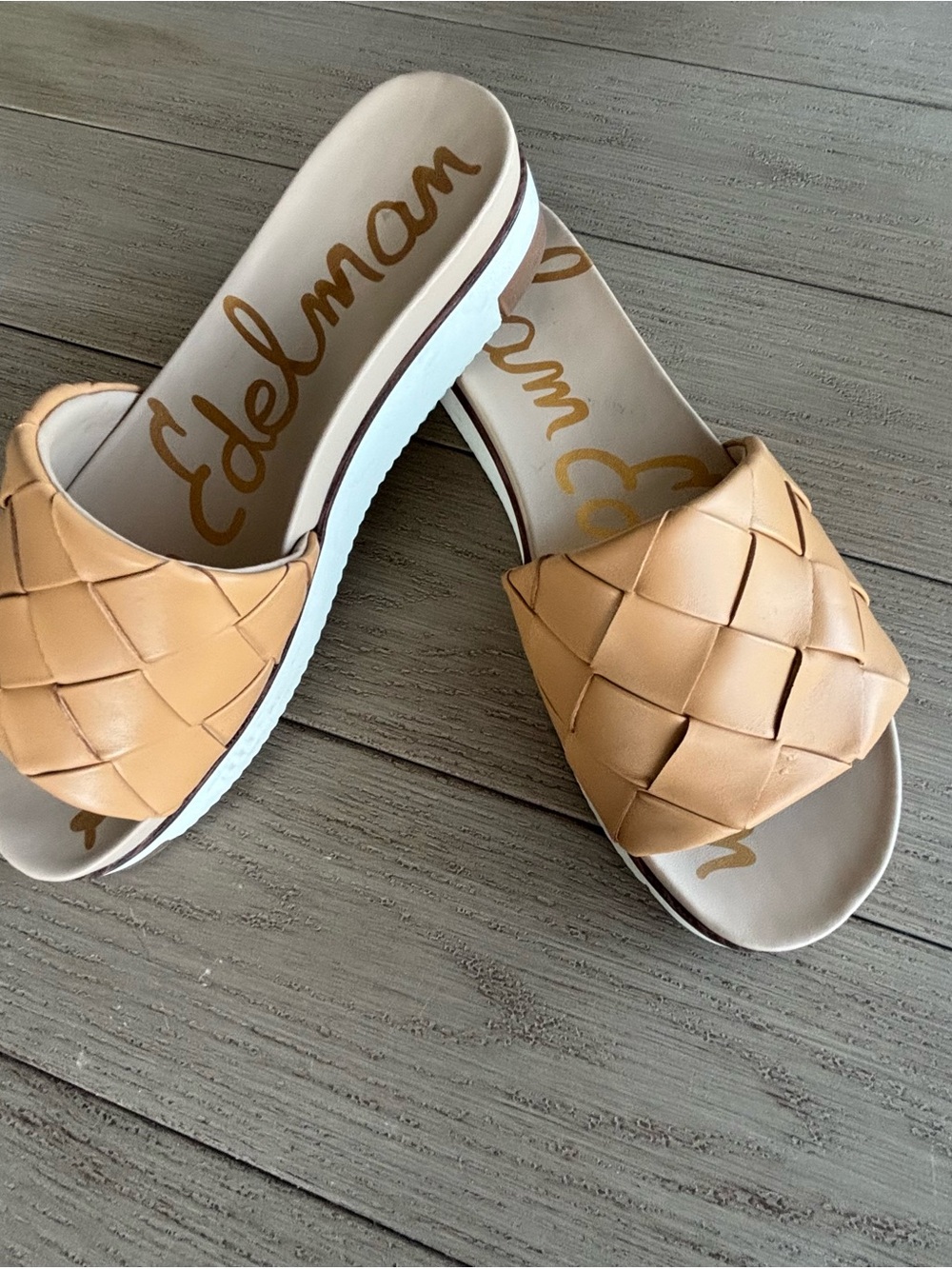 Sam Edelman sand tan woven leather slide sandals Sz 10